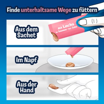 Pinkes Tierfutter-Sachet mit der Aufschrift 'Mit Lachs' und den Feldern 'Aus dem Sachet', 'Im Napf', 'Aus der Hand'.