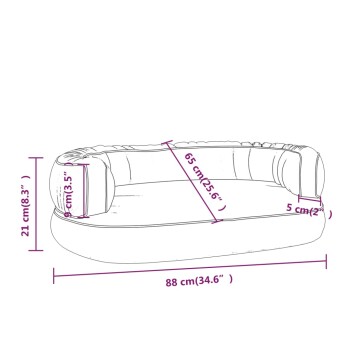 Illustration eines Haustierbettes mit Abmessungen: 88 cm (34,6") lang, 65 cm (25,6") breit, 21 cm (8,3") hoch, mit erhöhten Kanten.