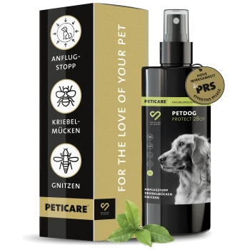 PETICARE PetDog Protect 2801 Spray für Hunde, Insektenschutz gegen Mücken und Gnitzen, mit deutschem Text und Hundeabbildung auf der Flasche.