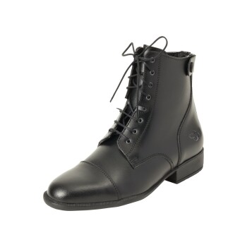 Schwarze Leder-Ankle Boots mit runder Zehenform, Schnürung vorne und kleinem Logo an der Seite.