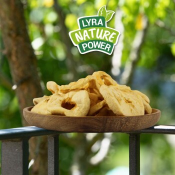 Getrocknete Apfelscheiben in einer Holzschale auf einem Geländer mit dem Logo „Lyra Nature Power“ darüber, Außenhintergrund.