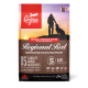Sac de nourriture pour chien Orijen Regional Red avec un fond de coucher de soleil, mettant en avant 85% d'ingrédients animaux de qualité comme le bœuf, le sanglier, le bison, l'agneau et le porc.