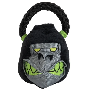 Ketelbel Gorilla Een pluche hondenspeelgoed in de vorm van een cartoonachtig monsterhoofd, met een grijs gezicht met gele ogen en een groene mond, en een gevlochten zwarte handgreep.
