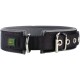 Schwarzes Hundehalsband mit gepolstertem Innenraum, Metallschnalle und D-Ring zur Leinenbefestigung, mit einem kleinen grünen und gelben "Hunter"-Logo.