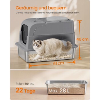 Graue, abgedeckte Katzentoilette mit langhaariger Katze, 61×46 cm; sichtbare Texte: 'Geräumig und bequem', '22 Tage', 'Max. 28 L'