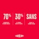 Visuel rouge Carnilove : 70% d'ingrédients d'origine animale ; 30% légumes, fruits et plantes ; SANS céréales ni pommes de terre