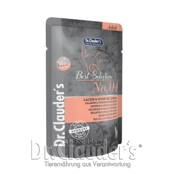 Dr. Clauder's Best Selection No. 04 Haustierfutterverpackung mit Lachs und Huhn mit Quinoa, gekennzeichnet für erwachsene Katzen, hergestellt in Deutschland.