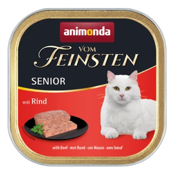 Eine Dose Katzenfutter mit einer weißen Katze auf der Vorderseite, beschriftet mit 'animonda vom Feinsten Senior mit Rind', die Rindfleischpastete auf einem Teller zeigt.
