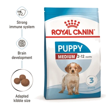 Royal Canin Puppy food bag for medium breeds, 2-12 months, promoting immune health, brain development, and tailored kibble size.