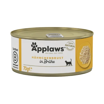 Boîte de nourriture naturelle pour chats Applaws, présentant "Hähnchenbrust in Brühe" (poitrine de poulet dans un bouillon), 70g, étiquetée comme contenant 100% d'ingrédients naturels.