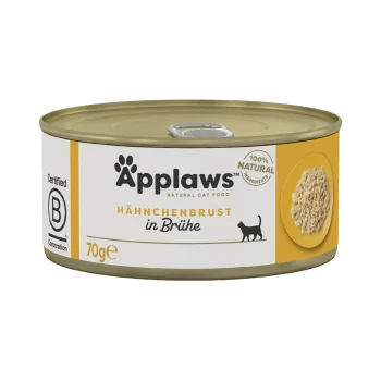 Applaws natürliche Katzenfutterdose mit "Hähnchenbrust in Brühe", 70g, gekennzeichnet mit 100% natürlichen Zutaten.