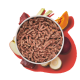 Schüssel mit rohem Haustierfutter, umgeben von frischen Zutaten wie Kürbis, Rübe, Apfel und Sellerie auf einem leuchtend roten Hintergrund.