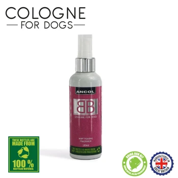 Bottle of Ancol cologne for dogs, 100ml, with a baby powder fragrance. Features eco-friendly labels indicating 100% recycled material.