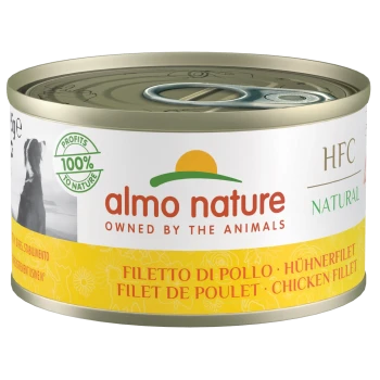 Dosen-Haustierfutter mit dem Etikett 'almo nature' in einem gelb-weißen Design, mit dem Text '100% Gewinne für die Natur' und 'HFC Natural'.