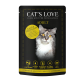Verpackung von Cat's Love Adult Katzenfutter mit einer flauschigen Katze mit goldenen Augen, die "71% Kalb & Truthahn," "Omega 3 & 6" und "100% Natürlich" hervorhebt.
