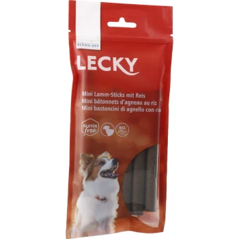 Rote Verpackung für Lecky Mini Lammsticks mit Reis, mit einem glücklichen Hund auf der Vorderseite. Der Text enthält "Glutenfrei" und "Reis."