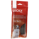 Un emballage rouge pour les bâtonnets d'agneau Lecky Mini avec du riz, présentant un chien heureux à l'avant. Le texte inclut "Sans gluten" et "Riz."
