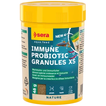 Pojemnik na karmę dla ryb Sera ImmunPro Mini Nature, 48g, z kolorowymi ilustracjami ryb i tekstem o probiotykach i wsparciu trawienia.