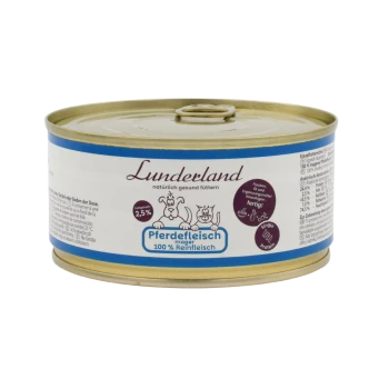 Lunderland Haustierfutterdose mit der Aufschrift „Pferdefleisch mager 100% Reinfleisch“, Hunde- und Katzen-Symbole und Hinweis „2,5% Fett“.