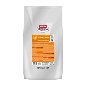 10 kg Beutel Animonda Integra Protect Renal Hundefutter mit einem orangefarbenen Etikett, beschriftet "RENAL - NIEREN" zur Unterstützung der Nieren.