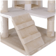 Ein beiger Katzenbaum mit einer Rampe, die zwei weiche, plüschige Stufen, eine flache Plattform und einen mit Sisal umwickelten Kratzbaum umfasst.
