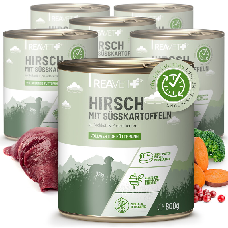 REAVET Hundenassfutter - Hirsch mit Süßkartoffel an Brokkoli & Preiselbeeren 6x800 g