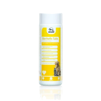 Tiernahrungsergänzungsmittel-Flasche mit gelbem Etikett, das ein Bild von einem Hund und einer Katze zeigt, mit dem Schwerpunkt auf Vitaminen und Unterstützung der Verdauung.