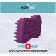 Lila Haustierpflegebürste mit strukturierter Oberfläche, beschriftet mit "SWISS MADE" und "von Tierärzten empfohlen" unter dem optipet-Logo.