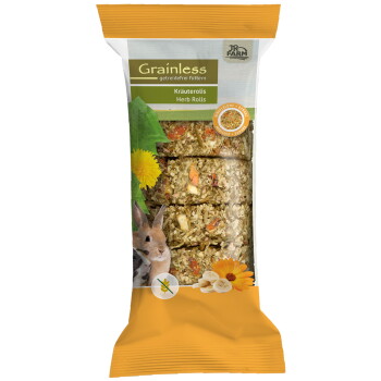 Verpackung der Haustiersnack-Marke JR Farm Grainless Kräuterolis mit Kräuter-Riegeln, Kaninchen, Löwenzahn und Bananenscheiben.