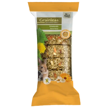 Verpackung der Haustiersnack-Marke JR Farm Grainless Kräuterolis mit Kräuter-Riegeln, Kaninchen, Löwenzahn und Bananenscheiben.
