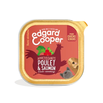 Emballage de nourriture pour chiens Edgard Cooper pour seniors, avec du poulet et du saumon avec du brocoli et des canneberges, design coloré avec des illustrations d'animaux.