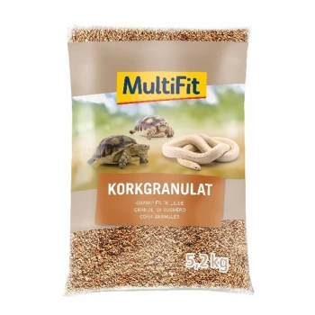 Eine Tüte MultiFit Korkgranulat, mit Bildern von zwei Schildkröten und einer Schlange, beschriftet mit "5,2 kg" und "Korkgranulat."