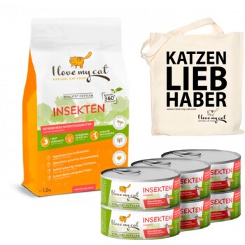 I love my cat Sparset Insektenprotein für Katzen – Trocken- und Nassfutter mit Insekten + Jutebeutel