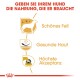 Bild, das die Vorteile von Hundefutter bewirbt mit dem Text: "GEBEN SIE IHREM HUND DIE NAHRUNG, DIE ER BRAUCHT" und Symbolen für Fell, Haut und Akzeptanz.