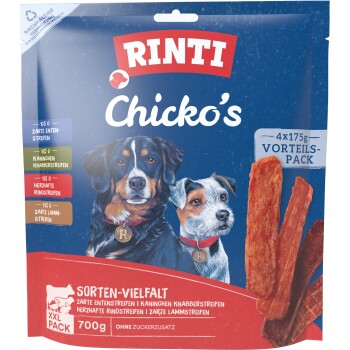 Rinti Chicko's hondenkoekjespakket met afbeeldingen van twee honden, 4x175g, variatiepakket met eend, konijn, rund en lam strips.