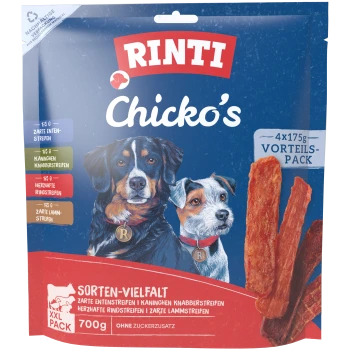 Paquet de friandises pour chiens Rinti Chicko's avec images de deux chiens, 4x175g, assortiment de lamelles de canard, lapin, bœuf et agneau.