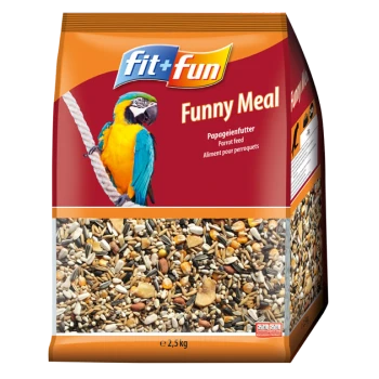 Bunte "fit+fun Funny Meal" Papageienfuttertüte mit einem blauen und gelben Papagei und sichtbarem Saatgutmix am Boden.