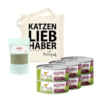 Eine Canvas-Tasche mit "KATZEN LIEBHABER", einem "SHIMUN SLIM" Katzenpräparat und vier Dosen "Ich liebe meine Katze" Hühnerfutter.