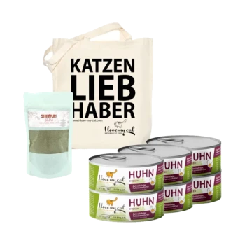 Eine Canvas-Tasche mit "KATZEN LIEBHABER", einem "SHIMUN SLIM" Katzenpräparat und vier Dosen "Ich liebe meine Katze" Hühnerfutter.