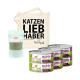 Eine Canvas-Tasche mit "KATZEN LIEBHABER", einem "SHIMUN SLIM" Katzenpräparat und vier Dosen "Ich liebe meine Katze" Hühnerfutter.