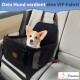 Ein schwarzer Autositz für Haustiere mit einem Hund, der bequem darin sitzt, gesichert mit Gurten, und einem Textüberlagerung, die lautet: "Dein Hund verdient eine VIP-Fahrt!"