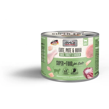 Dose Katzenfutter mit der Bezeichnung "MAC's", die Ente, Truthahn und Hühnchen enthält. Der Text hebt "Super Food für Katzen", getreidefrei und hohen Fleischanteil hervor.