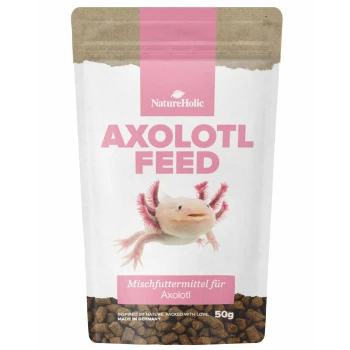 NatureHolic AXOLOTL FEED-Beutel mit Axolotl-Foto, Aufschrift 'Mischfuttermittel für Axolotl' und '50 g'