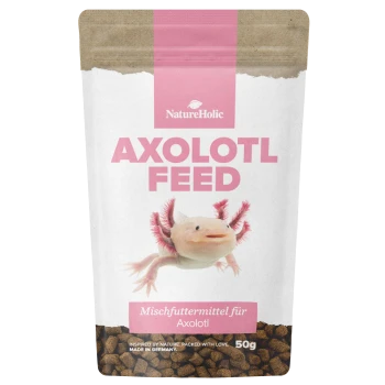 NatureHolic AXOLOTL FEED-Beutel mit Axolotl-Foto, Aufschrift 'Mischfuttermittel für Axolotl' und '50 g'