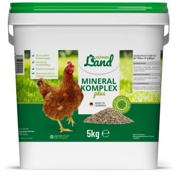 Behälter von Hühner Land Mineral Komplex plus, 5 kg, mit einem braunen Huhn auf einem grasigen Hintergrund, mit Text, der Vorteile und Inhaltsstoffe hervorhebt.