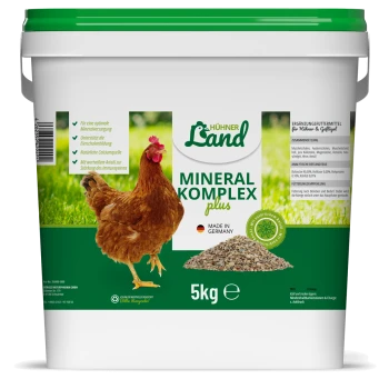 Behälter von Hühner Land Mineral Komplex plus, 5 kg, mit einem braunen Huhn auf einem grasigen Hintergrund, mit Text, der Vorteile und Inhaltsstoffe hervorhebt.