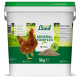 Behälter von Hühner Land Mineral Komplex plus, 5 kg, mit einem braunen Huhn auf einem grasigen Hintergrund, mit Text, der Vorteile und Inhaltsstoffe hervorhebt.