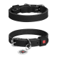 Black leather dog collars (two views) with metal buckle, QR ID tag reading "SCAN ME" and red "WAU DOG" logo
