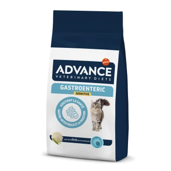 Un sac de nourriture pour chats Advance Veterinary Diets Gastroenteric Sensitive, présentant un chat sur le devant et un texte mettant en avant le soutien à la santé digestive.