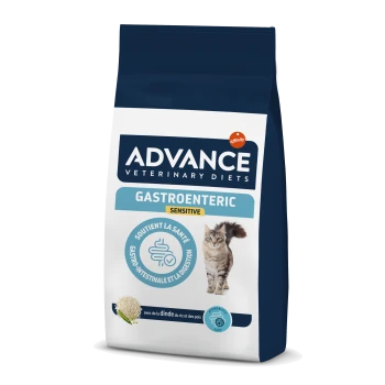 Un sac de nourriture pour chats Advance Veterinary Diets Gastroenteric Sensitive, présentant un chat sur le devant et un texte mettant en avant le soutien à la santé digestive.
